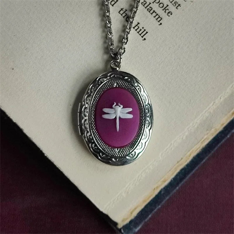 Gothic Vintage Black Red Purple Dragonfly Pendant Necklace Women's Retro Oval Collarbone Necklace Witch Jewelry Gift Accessories Oasis Select
