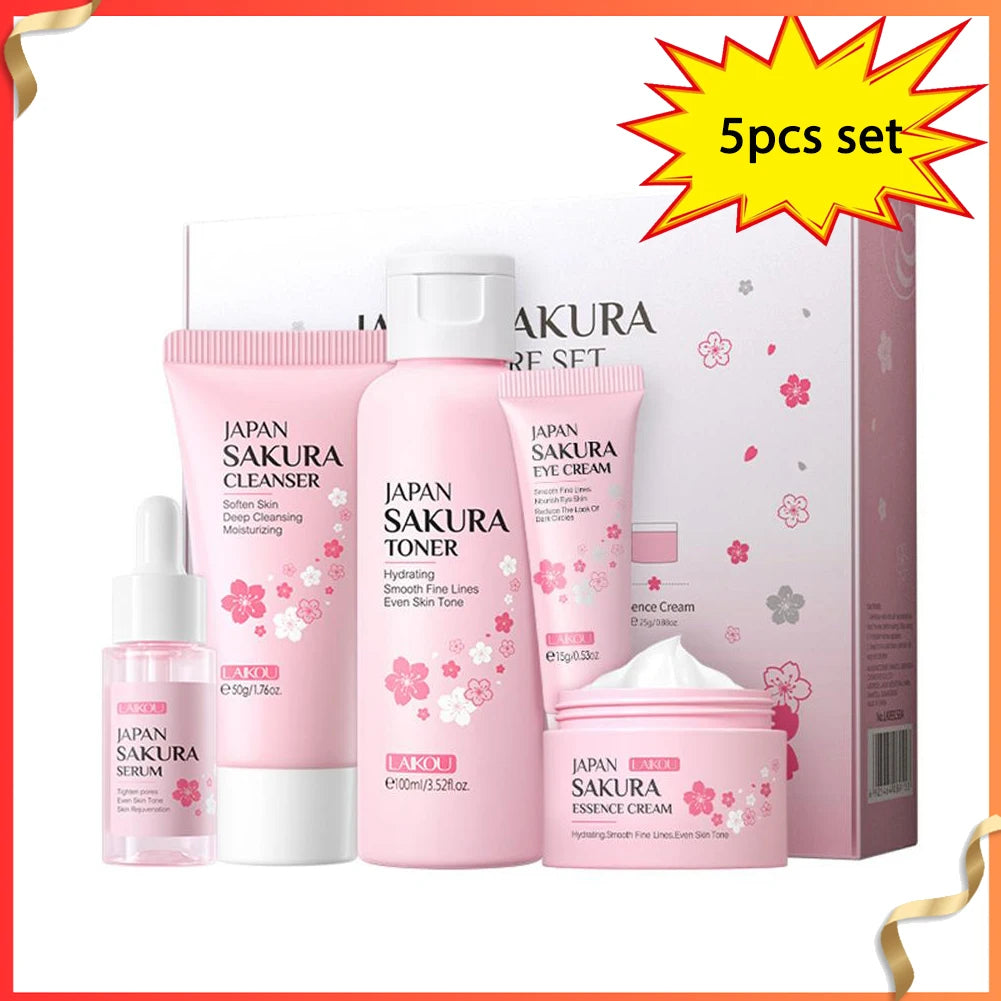 5pcs Skin Care Set Sakura Essence Skin Care Gift Sets With Cleanser,Toner,Serum,Eye Cream, Moisturizing Smooth Wrinkles Skincare Oasis Select