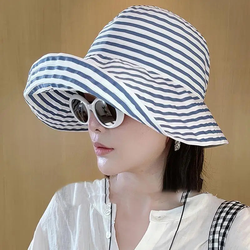 Striped Wide Brim Sun Hat Fisherman Cap Lightweight Summer Sun Hat for Women Color-block Striped Fisherman Hat for Beach Journey Oasis Select one size C