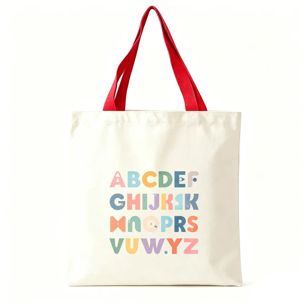 Colorful ABC Alphabet Canvas Tote Bag Large Capacity Eco Reusable Shopping Shoulder Bag Women Teacher Student School Handbags Oasis Select Deep red