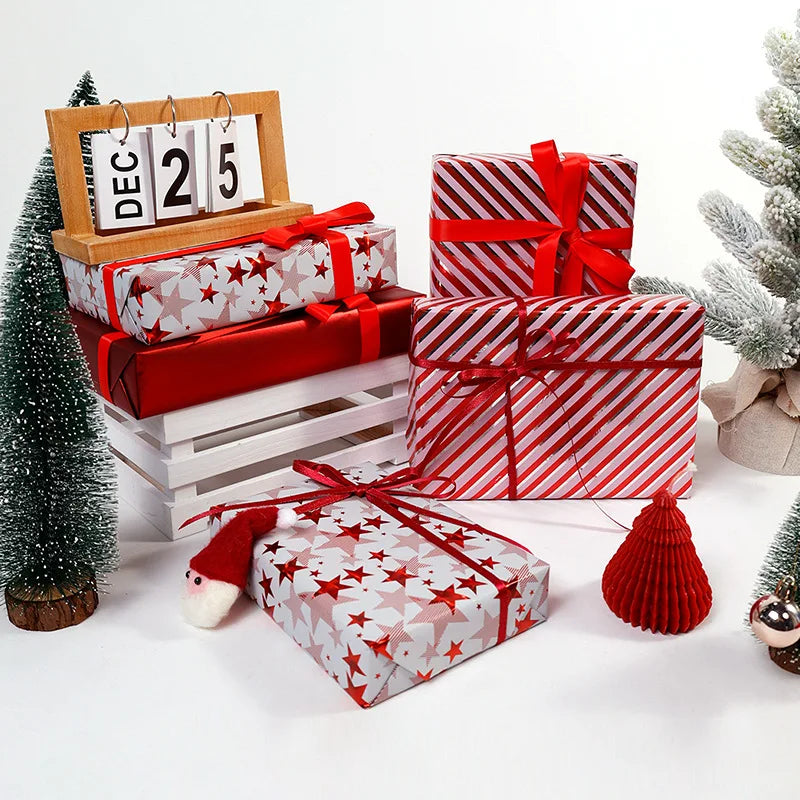 17" X 120" Xmas Wrapping Paper Roll Red White Metallic Color Stars Stripe Gifts Pattern for Merry Christmas Birthday Party Oasis Select