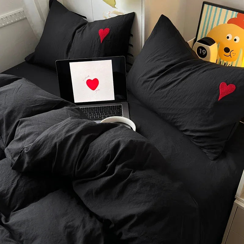Washed Cotton Bedding Set Super Soft Cool Black Duvet Cover Set Heart-shaped Towel Bedding Skin Friendly Duvet Covers Bed Sheets Oasis Select