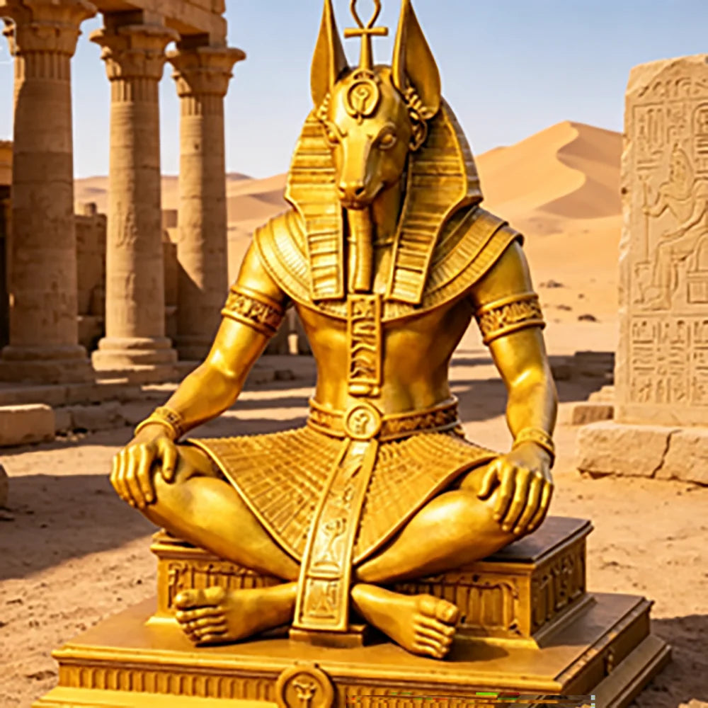 Gold Plated Anubis Guardian Sculpture Ancient Egyptian Jackal God Sitting Statue Spiritual Altar Tabletop Decor Collectible Oasis Select