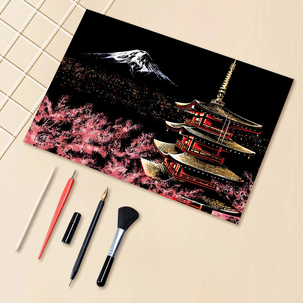 Scratch Painting Paper ,City Series Night Scene,Scratch Painting Creative Gift,Scratch board for Adult and Kids,with 4 Tools Oasis Select