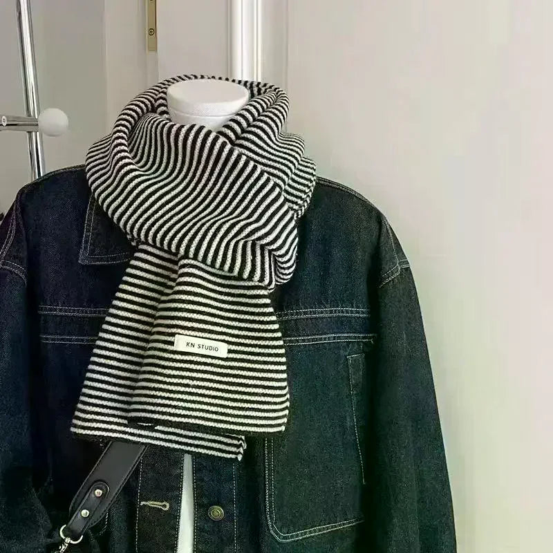 Black & White Striped Knit Scarf – Women's Winter Shawl Wrap