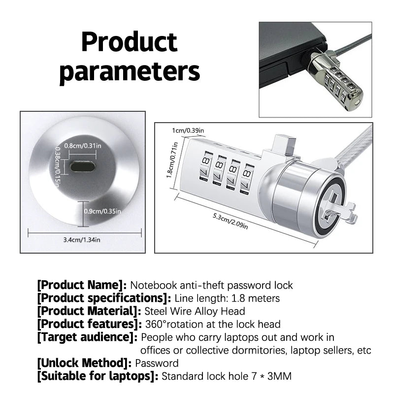 Laptop Computer Lock Password Lock Key Lock PC Anti-theft Lock USB Wedge-shaped Hole Tablet Universal Anti-theft Security Wire Oasis Select