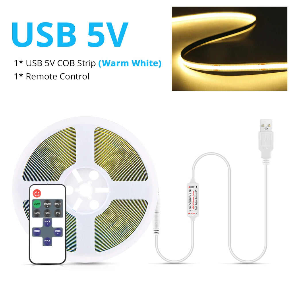 DC5V USB Dimmable COB LED Strip 1M 2M 3M 5M White/Warm White USB LED Ribbon Double-sided Tape with RF Remote Control Night Light Oasis Select Warm White DC5V USB 1m