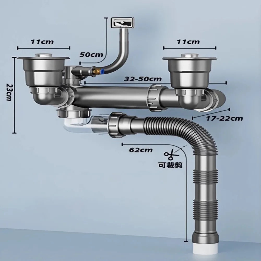 Plastic Sink Drain Pipe Set Easy Install Space Saving Sewer Replacement Pipe Single/Double Bowl Anti-Leak Drainage Kit Kitchen Oasis Select Double-slot Style 2