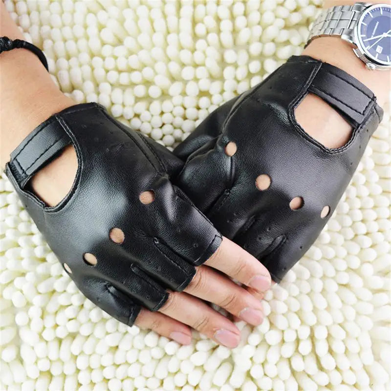 Unisex Synthetic Leather Polyurethane Black Fingerless Gloves Solid Woman Half Finger Driving Women Men Fashion Transport Gloves Oasis Select