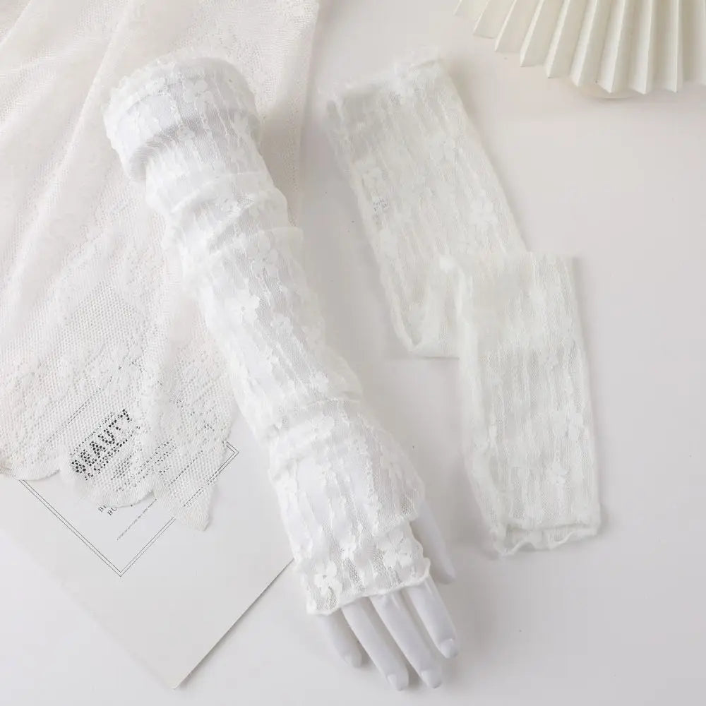Summer Outdoor Breathable Sunscreen Sleeves Lace Mesh Ultra Thin Lace Arm Sleeves UV Protection Fingerless Long Gloves Girls Oasis Select White