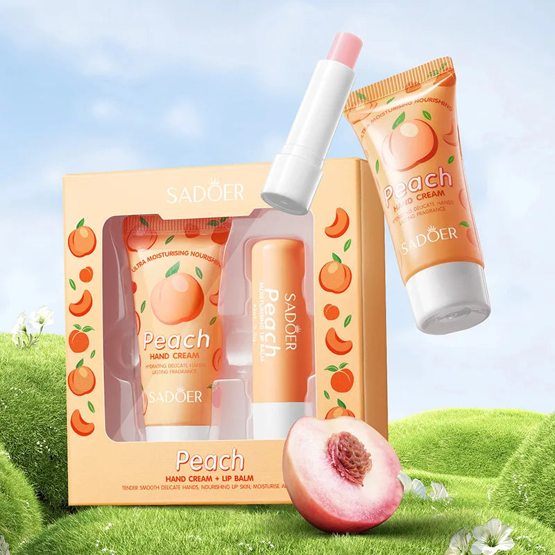 SADOER Peach Hand Cream & Lip Balm Set – Daily Moisture Hand & Lip Care Set Oasis Select