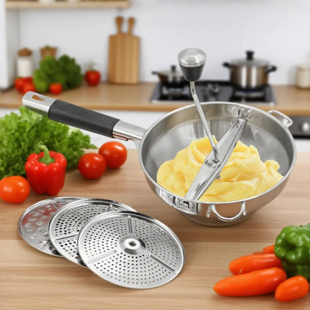 Manual potato masher food grade stainless steel potato masher multifunctional masher with 3 Replaceable Grinding Discs forTomato Oasis Select