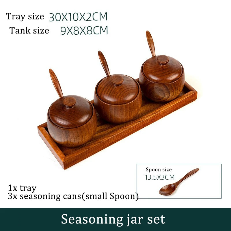 Wooden Seasoning Jar Creative Kitchen Retro Salt Sugar Pot Seasoning Storage Jar With Lid Spoon Wooden Tray Storage Containers Oasis Select 4pc small tray set