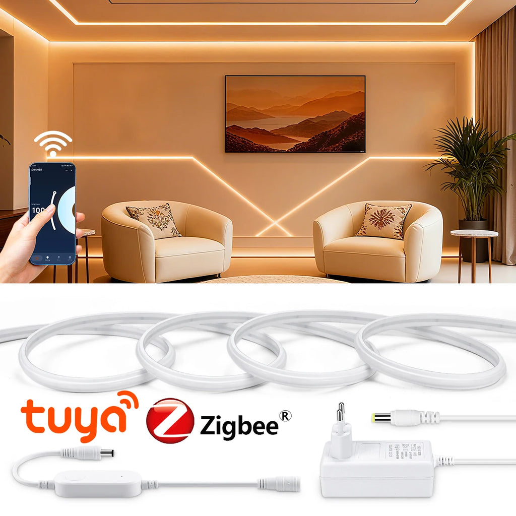 10M 5M 3M Dimmable LED Neon Light with Intelligence Zigbee3.0 Controller 24V Fireproo Silicone COB Lamp for Alexa Google Voice Oasis Select