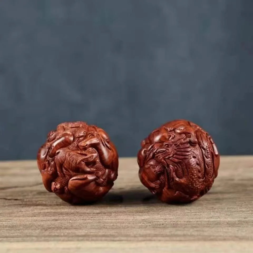 Huanghuali Zodiac health ball handball massage ball engraving fitness ball solid wood carving decoration Oasis Select
