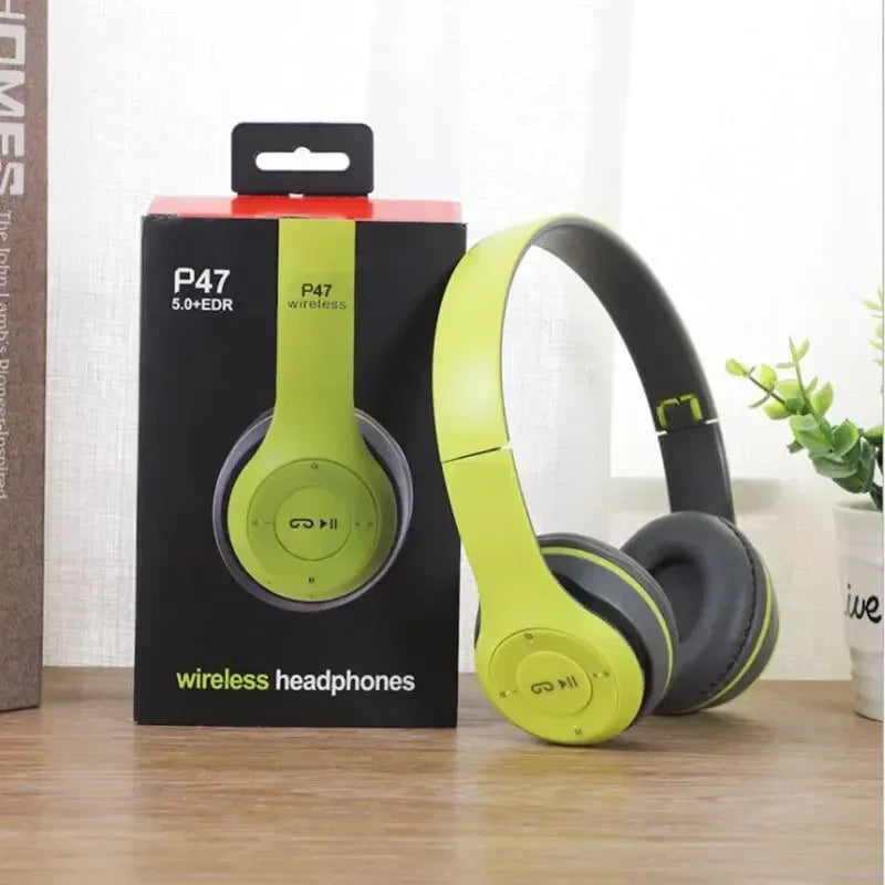 P47 Bluetooth 5.0 Wireless Headphone Foldable HIFI Stereo Bass Earphone Kid Helmet Gift With Mic USB Adaptor For iPhone Game Oasis Select green