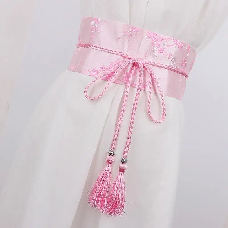 Vintage Floral Embroidered Waistband For Women Elegant Chinese Style Bow Tie Wrap Around Belt With Tassels For Dress Clothing Oasis Select