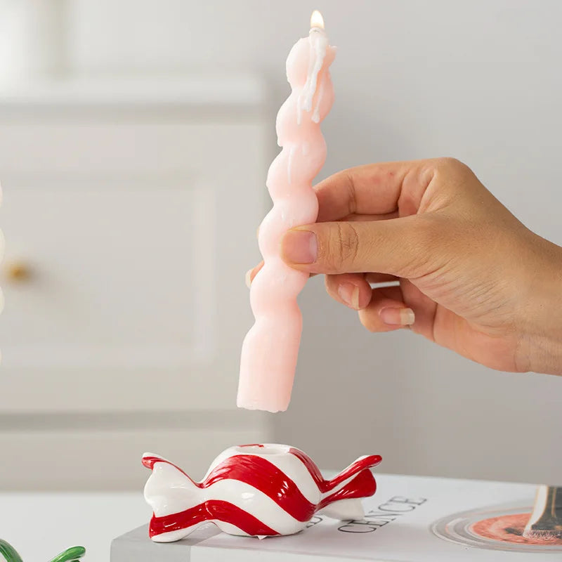 Ceramic Candy Striped Tealight Candle Holder | Xmas & New Year
