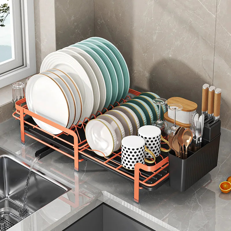 Retractable dish storage rack, tableware, cups, tableware and chopsticks, drain rack, household multi-functional kitchen rack Oasis Select orange