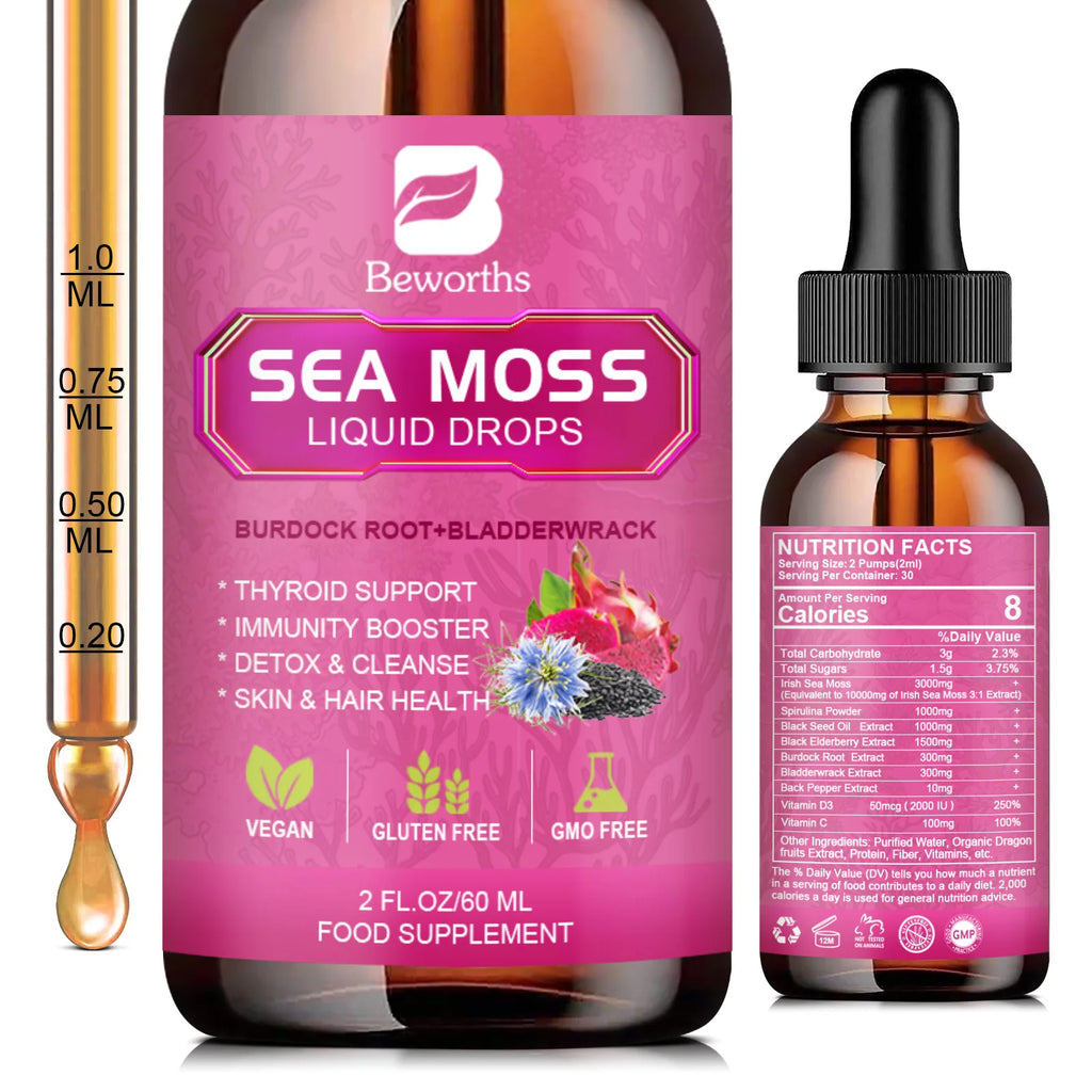 BEWORTHS 3000MG Seamoss Liquid Drop Organic Black Seed Oil & Burdock Root Bladder Enhance Immunity, Hair,Skin & Digestion Health Oasis Select