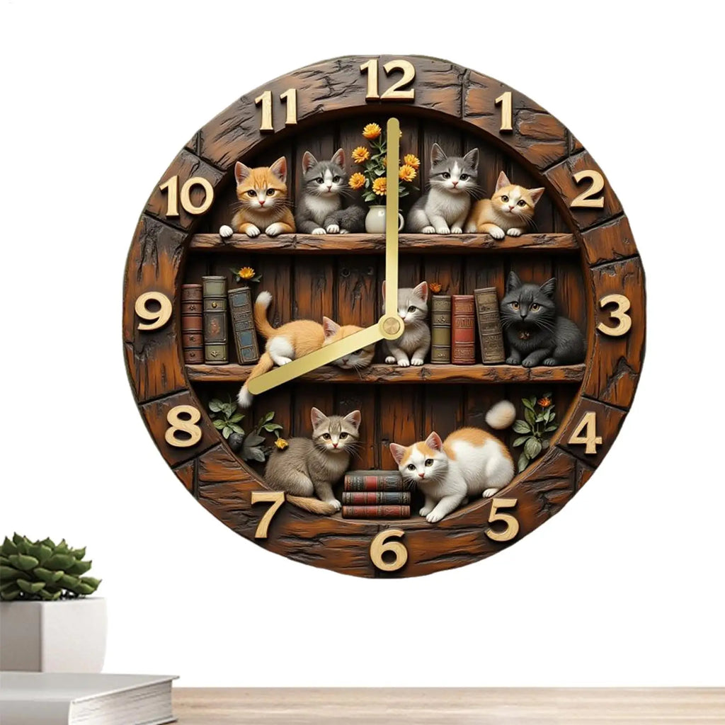 Cat Clock 11.81 Inch Cat Theme Wooden Decoration Bedroom Wall Clock for Home Living Room Bedroom Farmhouse Bar Office Library Oasis Select