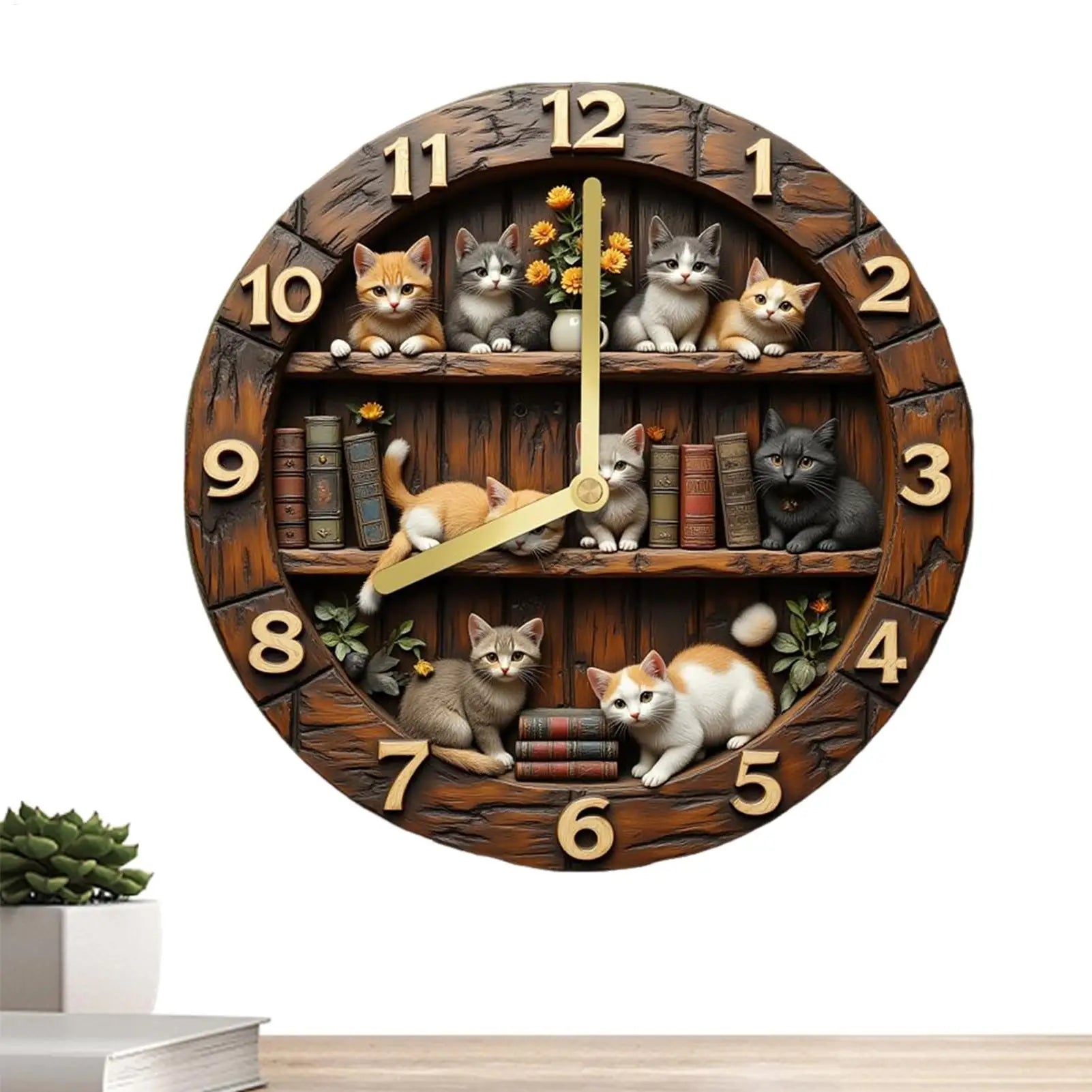 Cat Clock 11.81 Inch Cat Theme Wooden Decoration Bedroom Wall Clock for Home Living Room Bedroom Farmhouse Bar Office Library Oasis Select