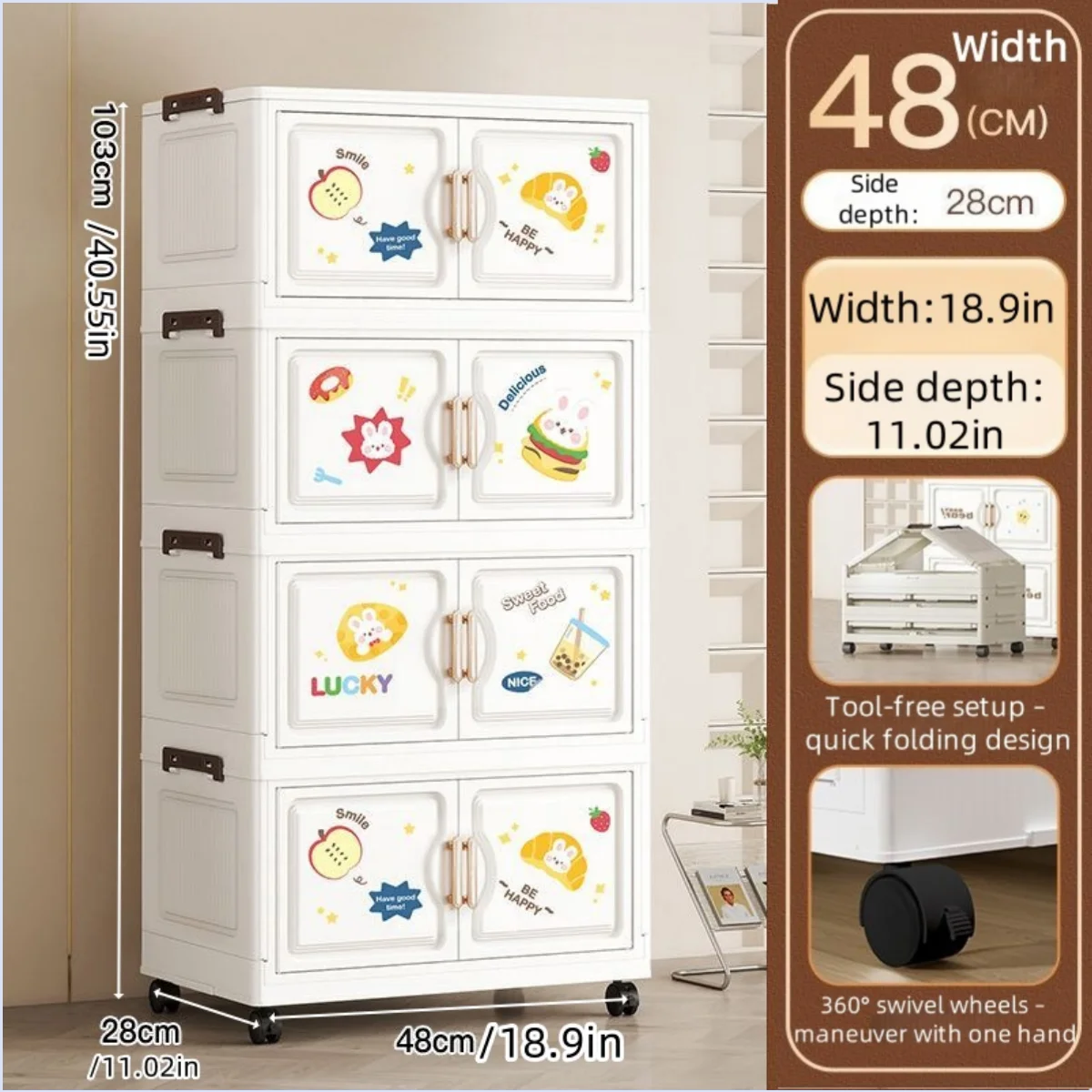 18.9 Inch Cartoon Foldable Storage Box,1-6 Tier Heavy-Duty Rolling Organizer,2 Colors for Bedroom/Living Room/Kitchen/Study Oasis Select 4 Layer Rabbit