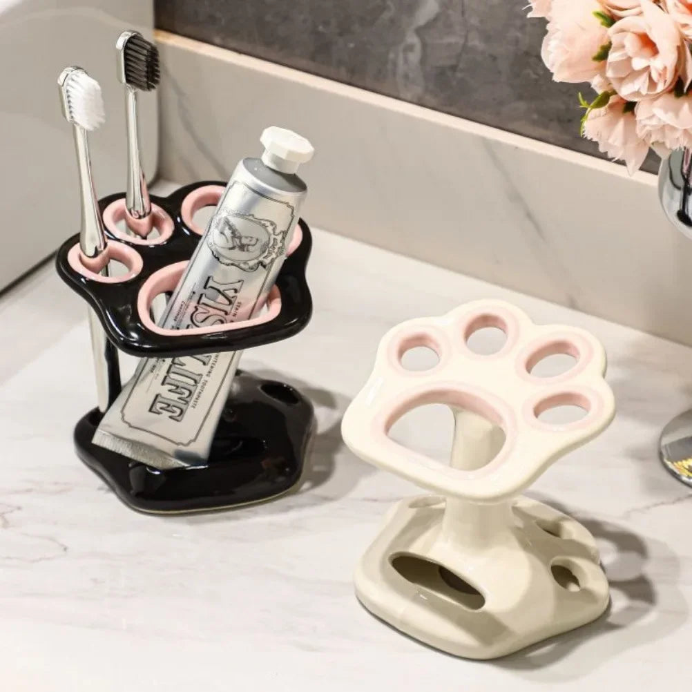 Cat Paw Shape Ceramic Toothbrush Holder Cute No Punching Toothbrush Holder Base Makeup Brush Storage Bathroom Accessories Tool Oasis Select