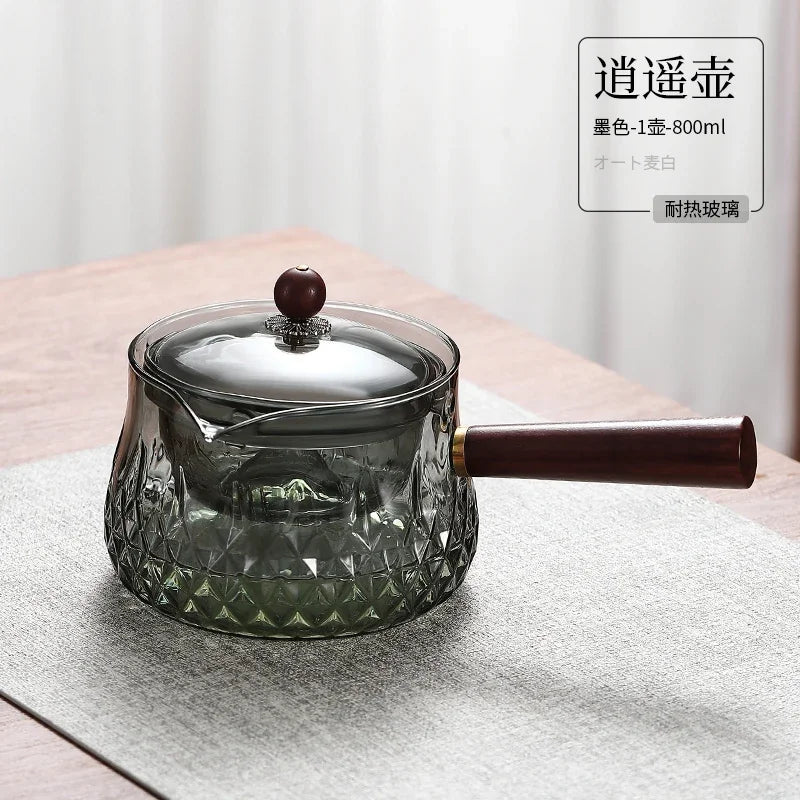 The Side of The Leisure Pot Household Heat-resistant Glass Teapot Rotating Small Green Orange Tea Tea Set Boiling Teapot Oasis Select C