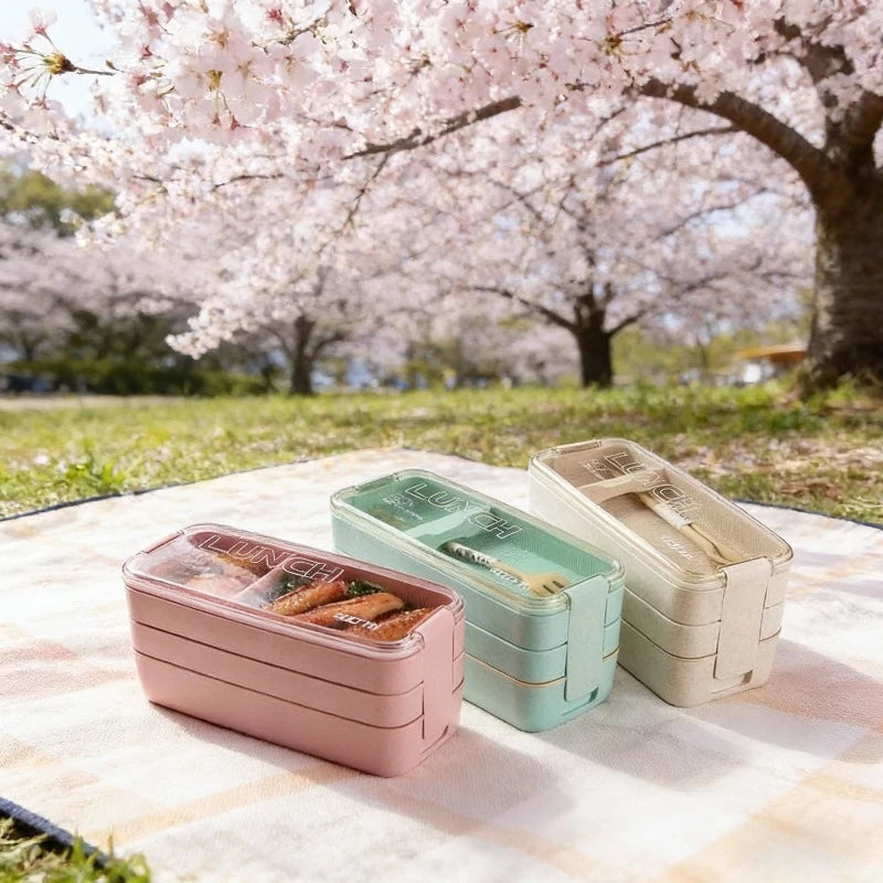 3 in 1 Wheat Straw Bento Box Reusable Portable Lunch Container Compartment Meal and Snack Food Storage Tableware Set Oasis Select
