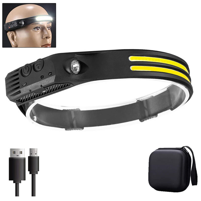 High Power COB LED Sensor Headlamp USB Rechargeable with Built-in Battery Waterproof Head Light Outdoor Camping Head Lantern Oasis Select 1PCS with bag