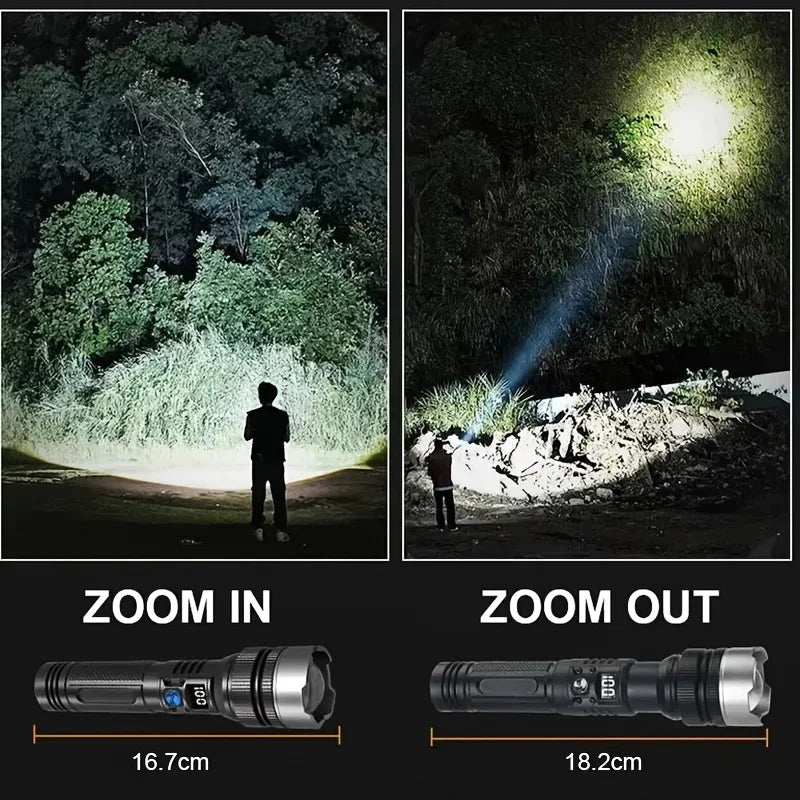 1/2PCS High-Power Flashlight Zoomable Focus Torch USB Rechargeable Flashlights with Strip LCD Smart Power Display for Outdoorr Oasis Select