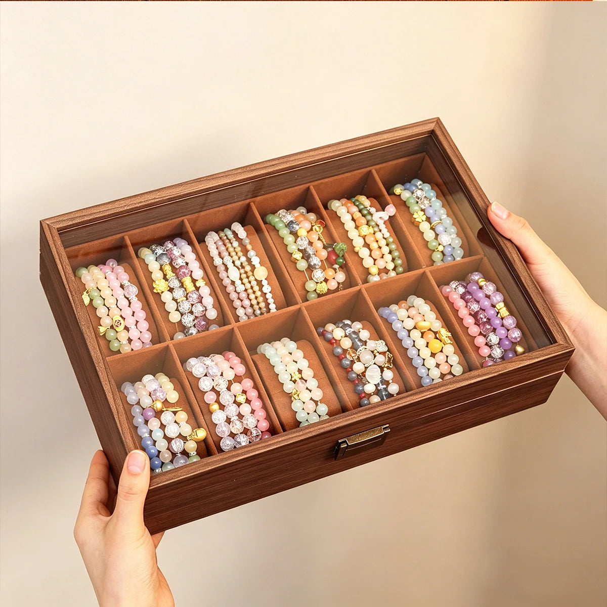 1pc wooden bracelet multi slot jewelry storage box velvet lined bead bracelet display cabinet suitable for family collection Oasis Select