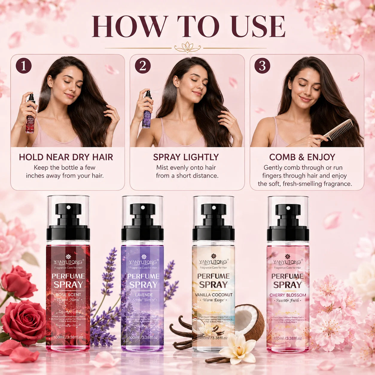 Four scented spray options for hair care, featuring long-lasting fragrance, moisturizing and nourishing properties, and a silky, Oasis Select