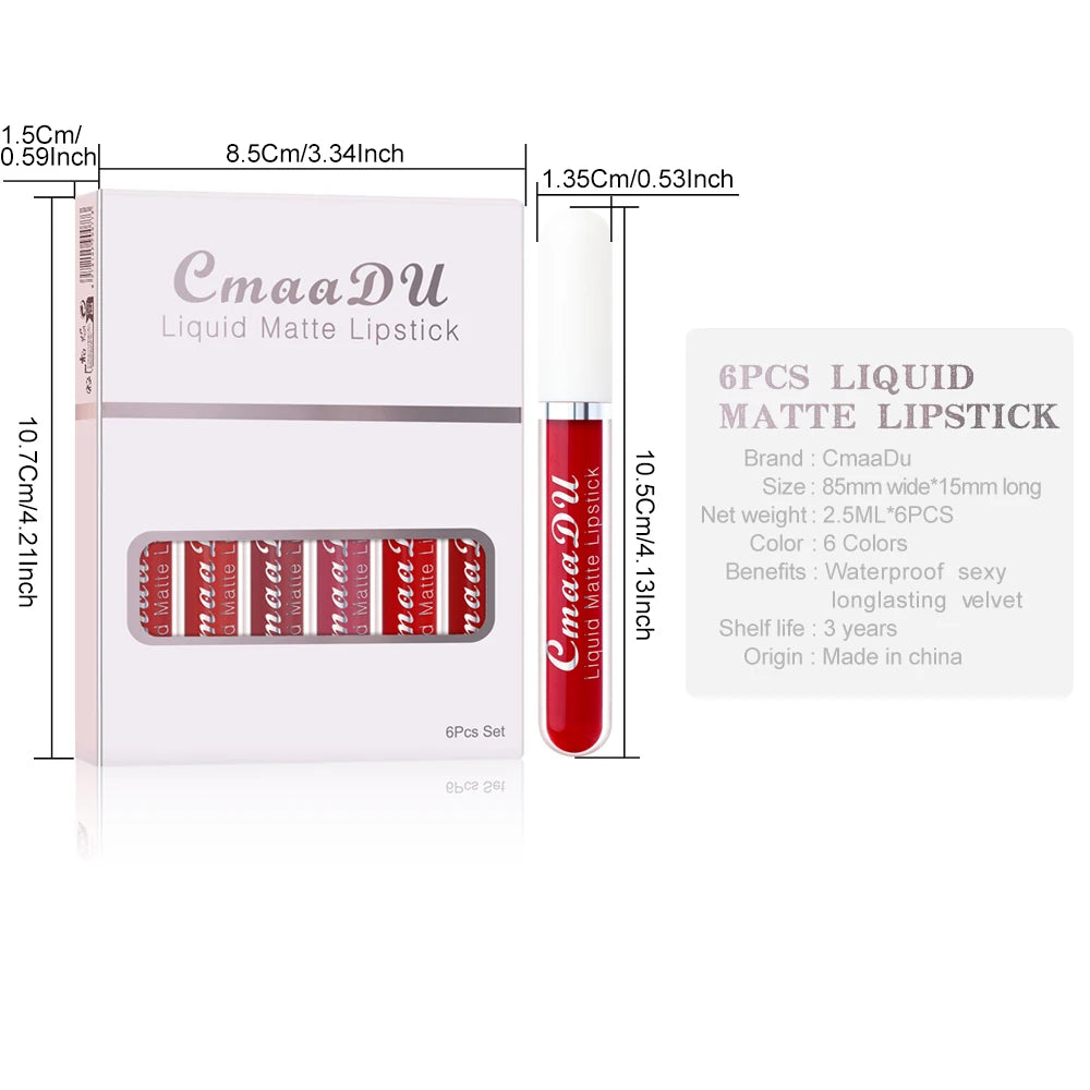6 Pcs Matte Lipstick Lip Gloss Sets Long-Lasting Non-Fading Waterproof Non-stick Cup Exquisite Gift Everyday Holiday Universal Oasis Select