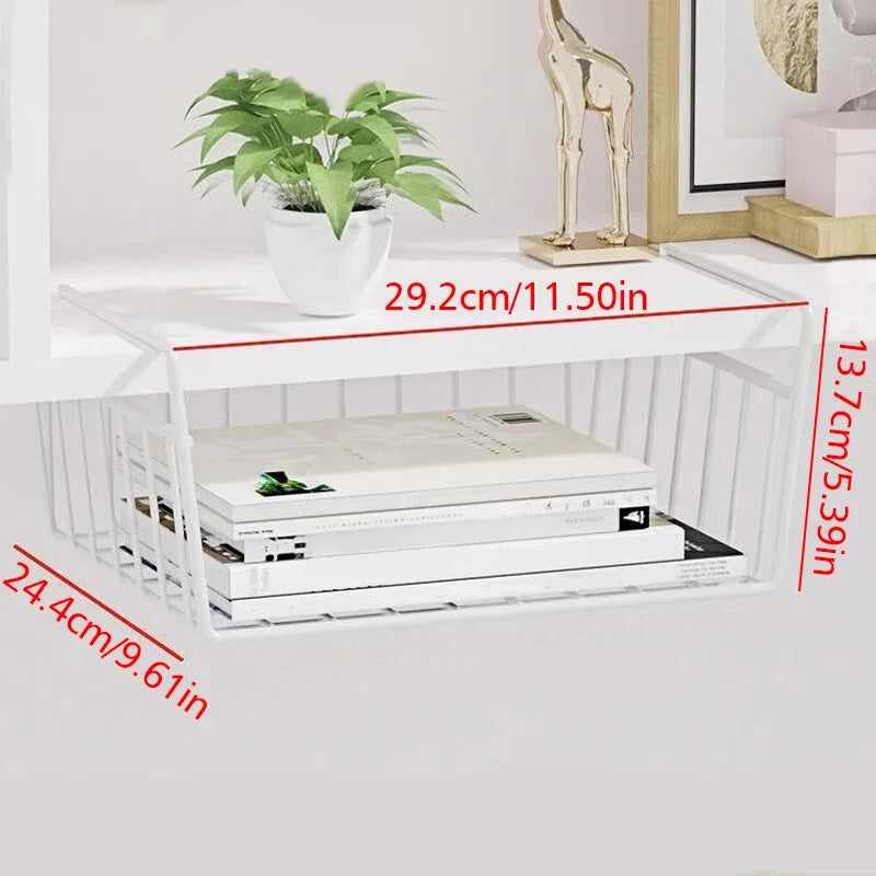1pcs Portable Metal Iron Kitchen Shelf Under Table Hanging Net Basket Multifunctional Book Storage Rack Home Offices Organizer Oasis Select White M