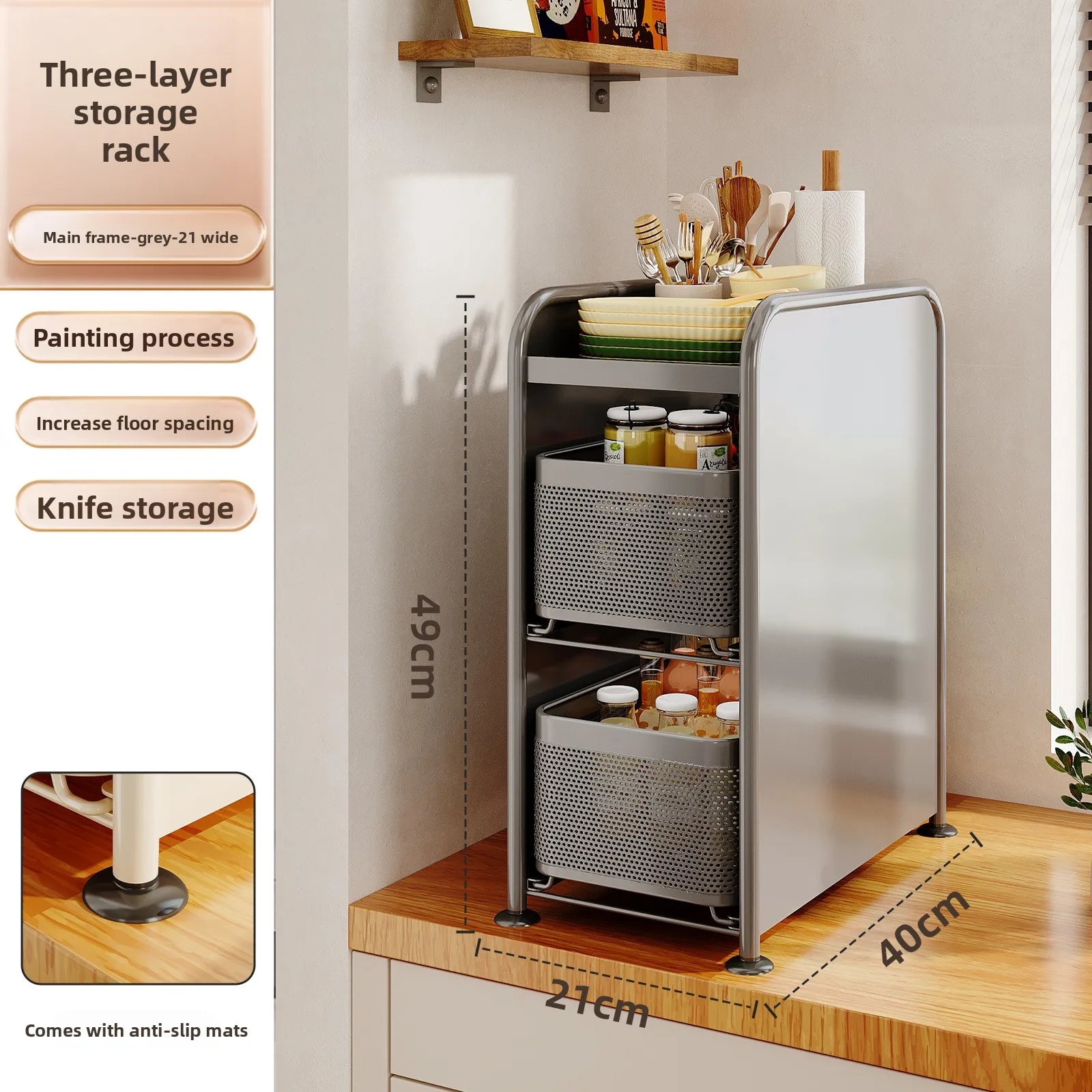 Kitchen seasoning rack Narrow slot seasoning tank Storage rack Side magnetic hanger Pull-out countertop storage cabinet Oasis Select Grey 3 big