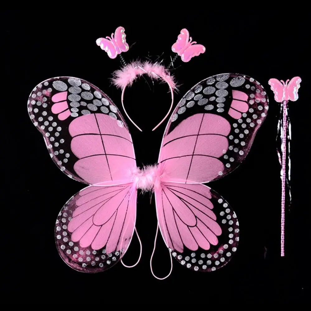 Simulation Butterfly Wings Pointed Tutu Skirt Headband Wand Adult Kids 3/4Pcs Fairy Costume Set Princess Girls Party Gift Oasis Select Pink-3 pcs-set