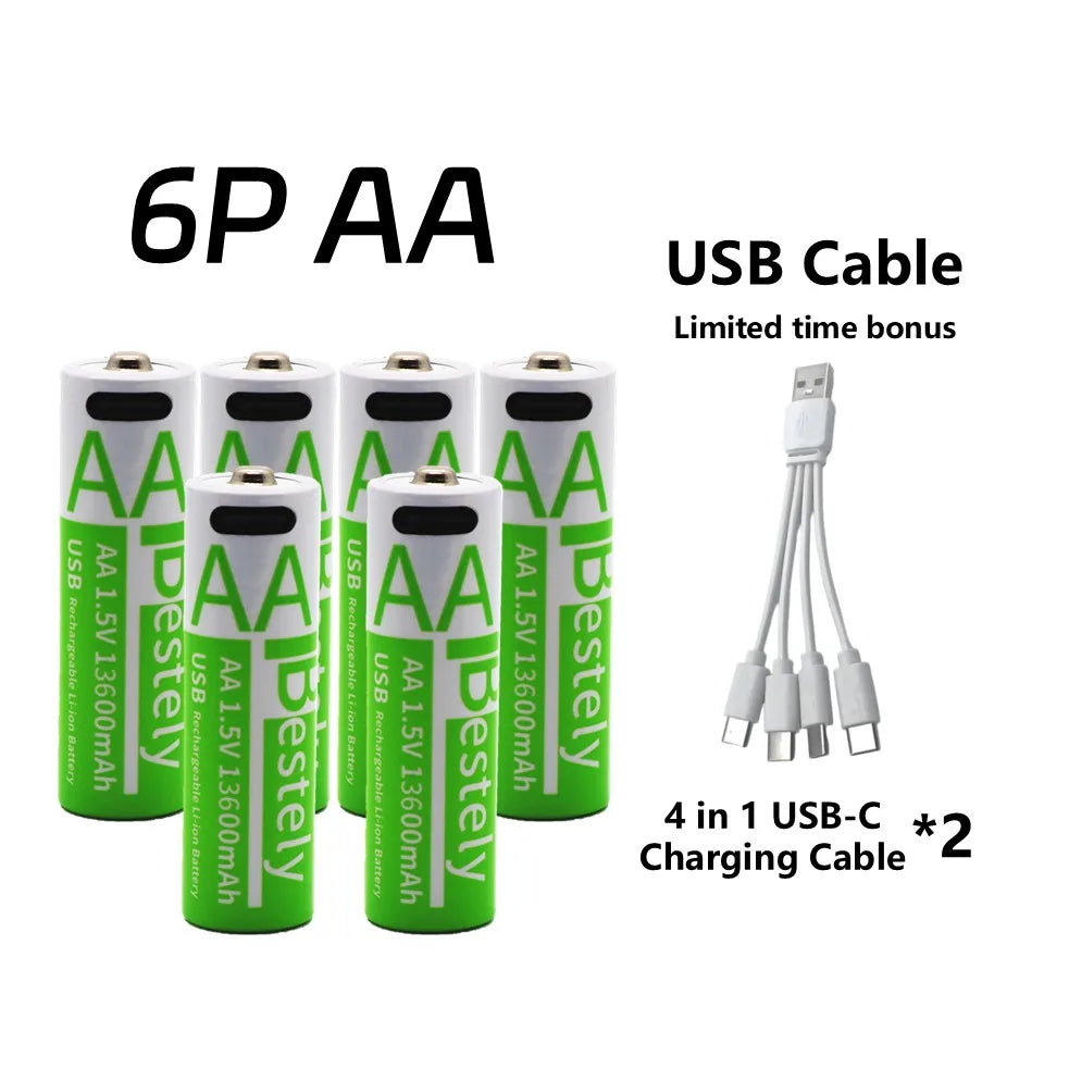 Rechargeable AA Battery13600mAh, 1.5V AA Li-ion Batteries with USB Type C Charging Cables, Long Life, Low Self-discharge Oasis Select 6P AA