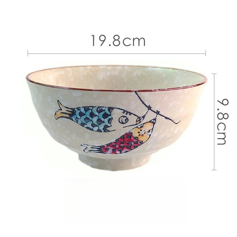 Japanese-style Cartoon Cat Fish Printed Rice Bowls Hand Drawn Animal Pattern Tableware Food Container For Home Daily Dining Oasis Select D 8 inch