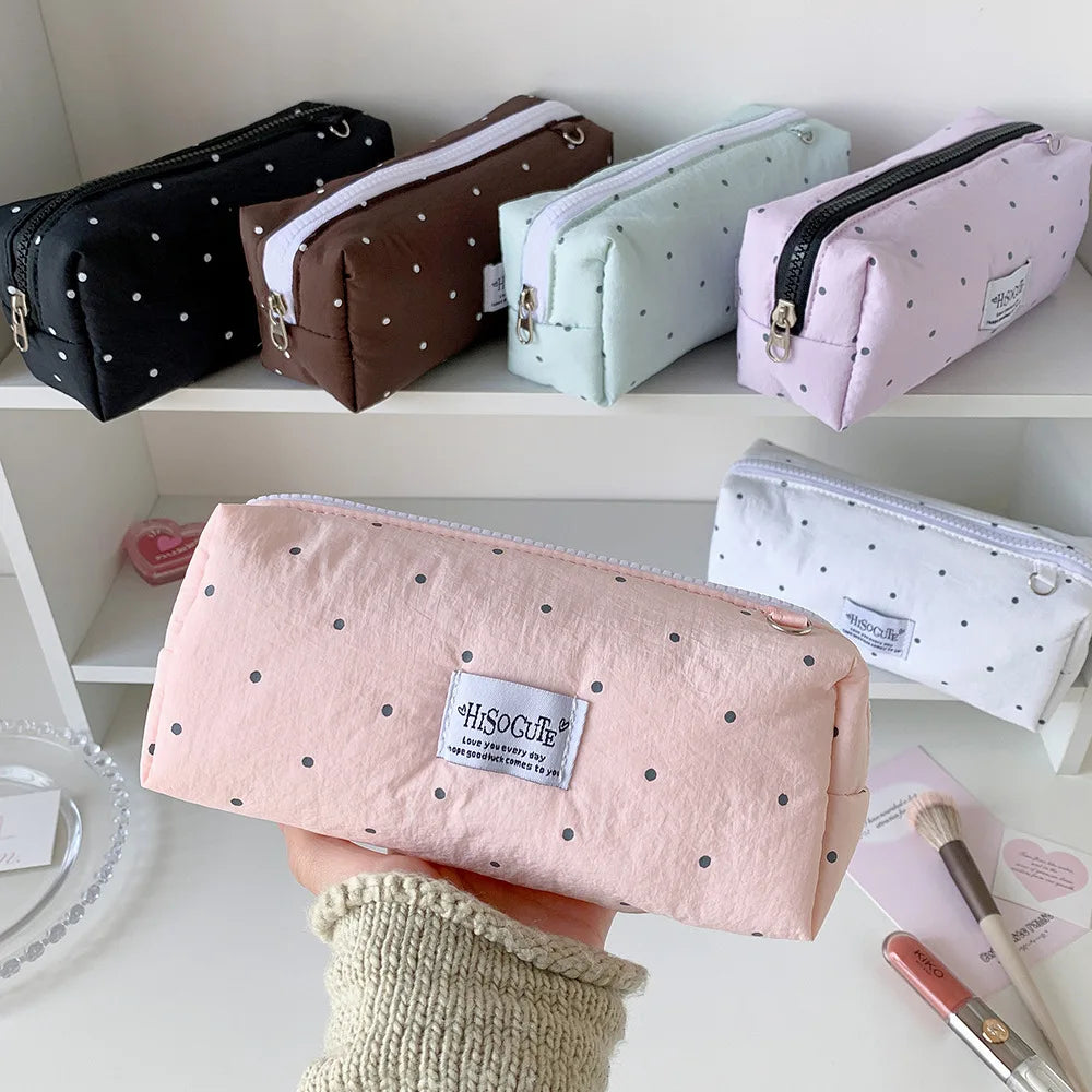 Fashion Korean Polka Dot Solid Color Pencil Case Student Stationery Large Capacity Storage Pen Bag Cute Girl Makeup Bag Gift Oasis Select