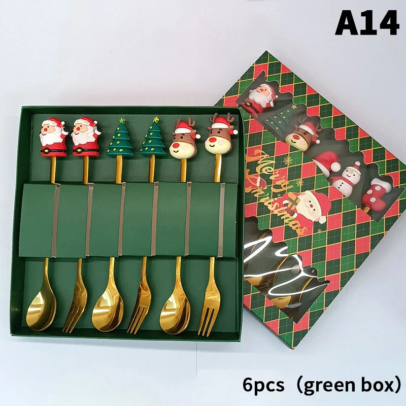 Stainless Steel Christmas Dessert Spoons Cake Forks Cartoon Tree Elk