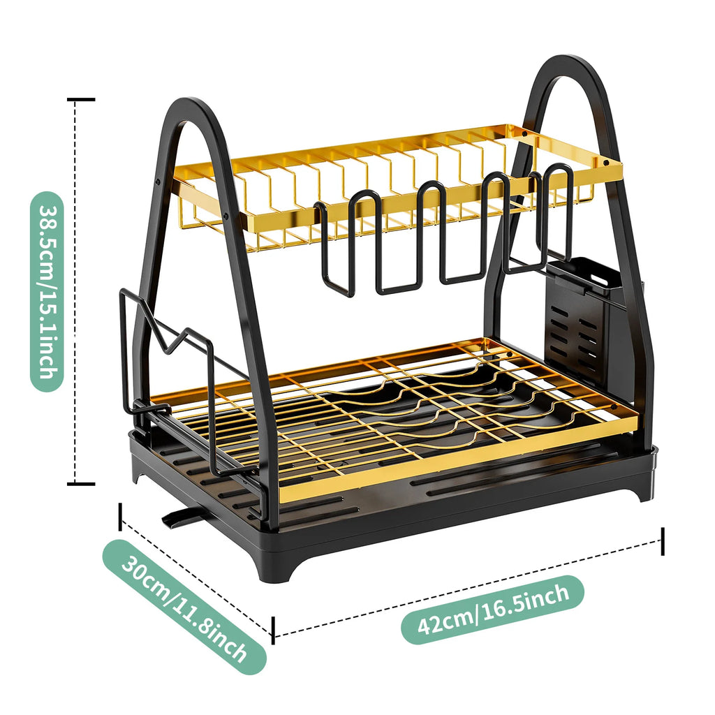 Dish storage rack Kitchen rack Multifunctional bowl and chopsticks drain rack Household countertop bowl rack Oasis Select Black Gold-Large