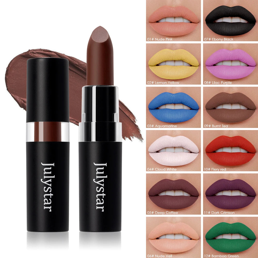 Matte Lipsticks 12 Colors Waterproof Long Lasting Lip Stain Non-stick Cup Sexy Red Black Lipstick Pigment Lip Cosmetics Oasis Select