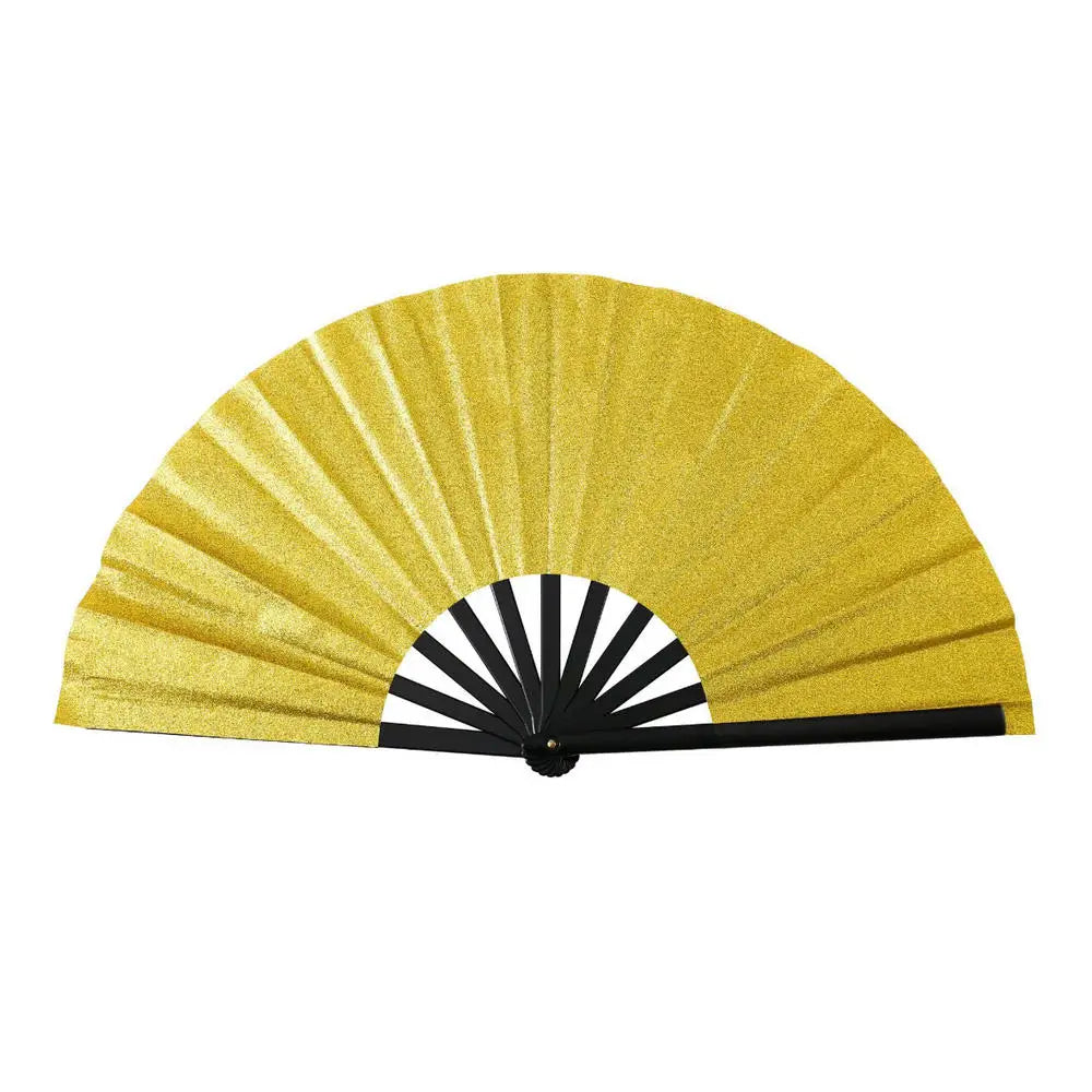 New Foldable Bamboo Fan 33cm Lightweight Holding Laser Colors Hand Fan Portable PVC Clack Clapping Fans for Line Dancing Oasis Select Gold
