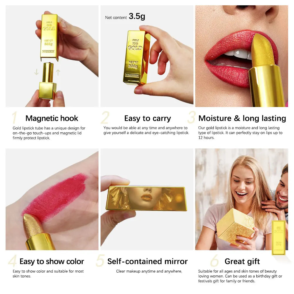 Hallowmas High-pigmented Gold Lipstick Shiny Metallic Matte Velvet Waterproof Long Lasting Sexy Gold Lip Gloss Women Lip Makeup Oasis Select