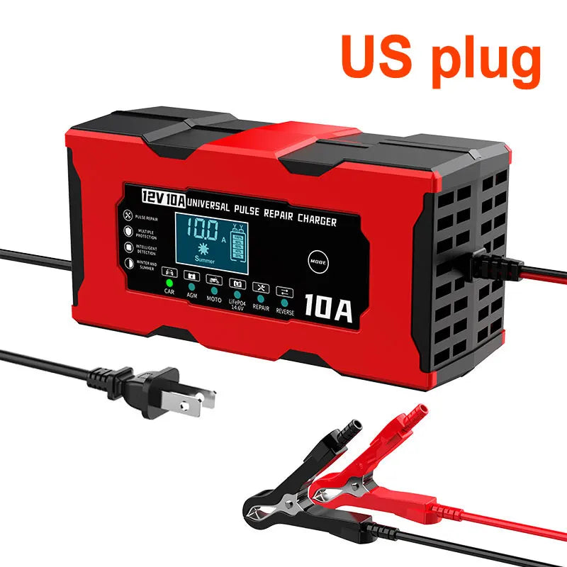 12V 10A Car Battery Charger Pulse Repair Smart Charger For Lifepo4 Lead Acid AGM GEL PB Lithium Battery Car Charger LCD Display Oasis Select US plug