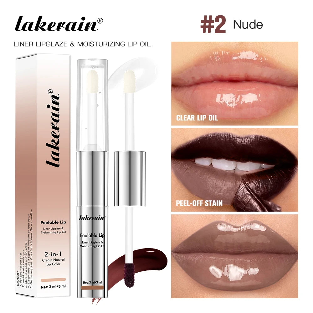 Lakerain 2 In 1 Liner Lipglaze & Moisturizing Lip Oil Peel-off Lip Gloss Deep Hydration Waterproof Soft Lips Dual-head Design Oasis Select Nude