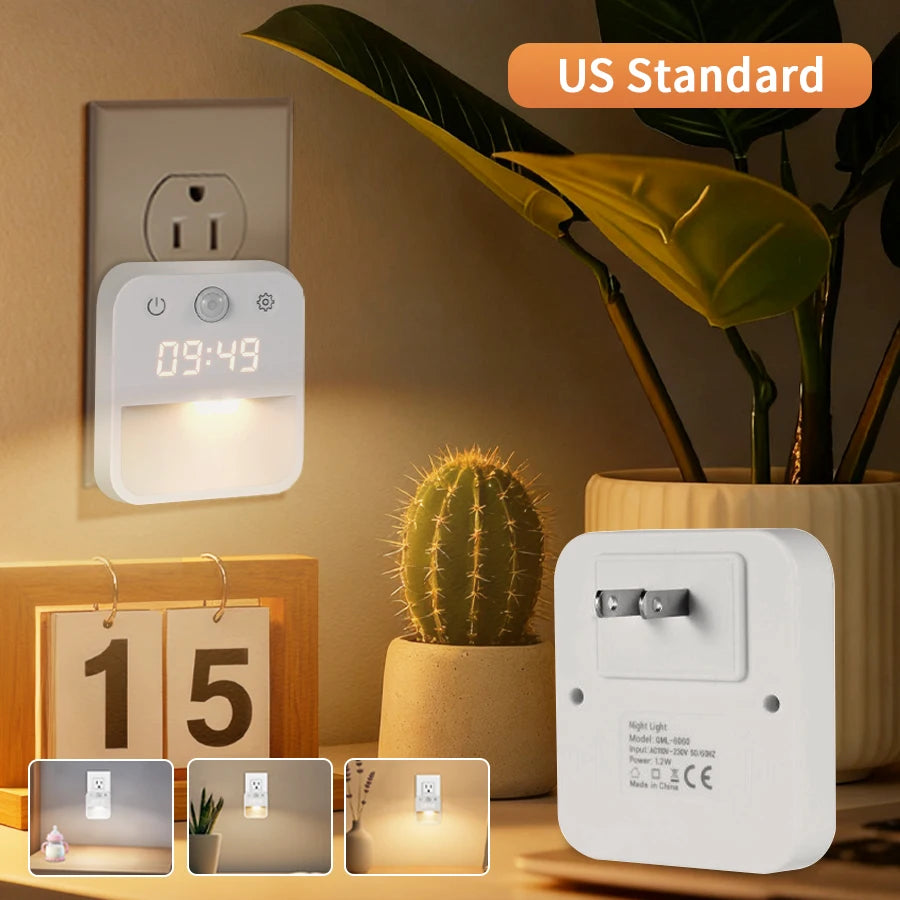 Motion Sensor LED Night Light with Clock Display – 3 Modes Motion Sensor Night Light Oasis Select US Plug