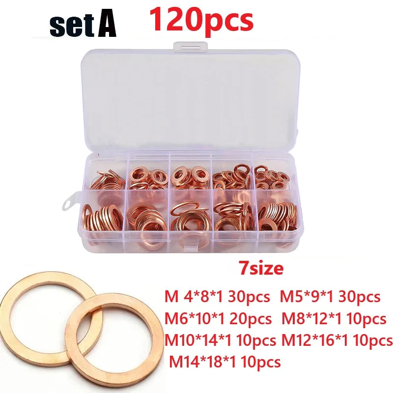 50/100/280/200/150Pcs Washer Copper Sealing Solid Gasket O Ring Copper Gaskets Flat Ring Seal Assortment Kit Hydraulic Accessory Oasis Select 120pcs
